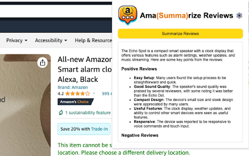 Amazon Review Summarizer Chrome Extension Preview