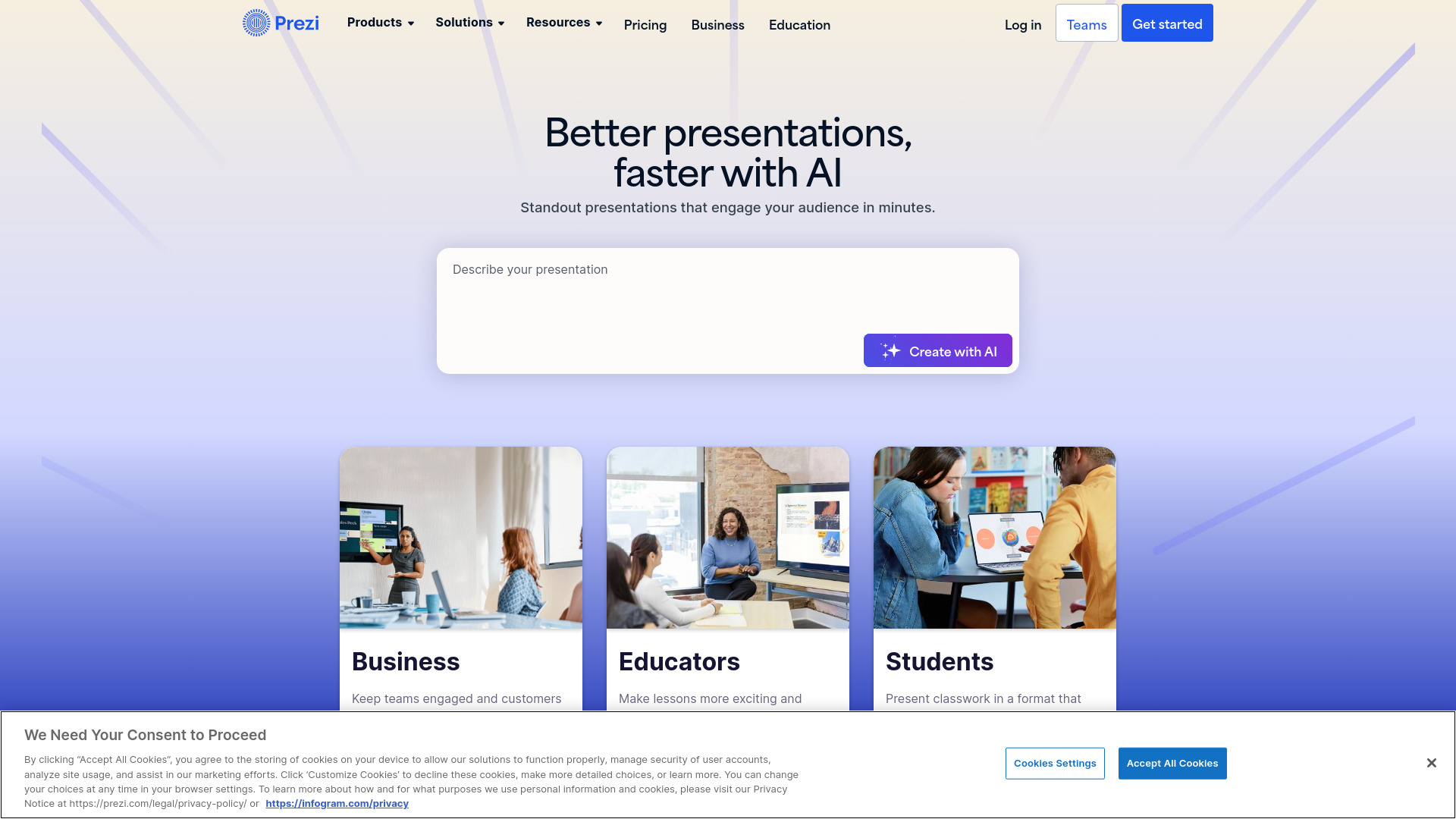 Prezi dashboard interface showing AI video creation tools, templates, and editing features