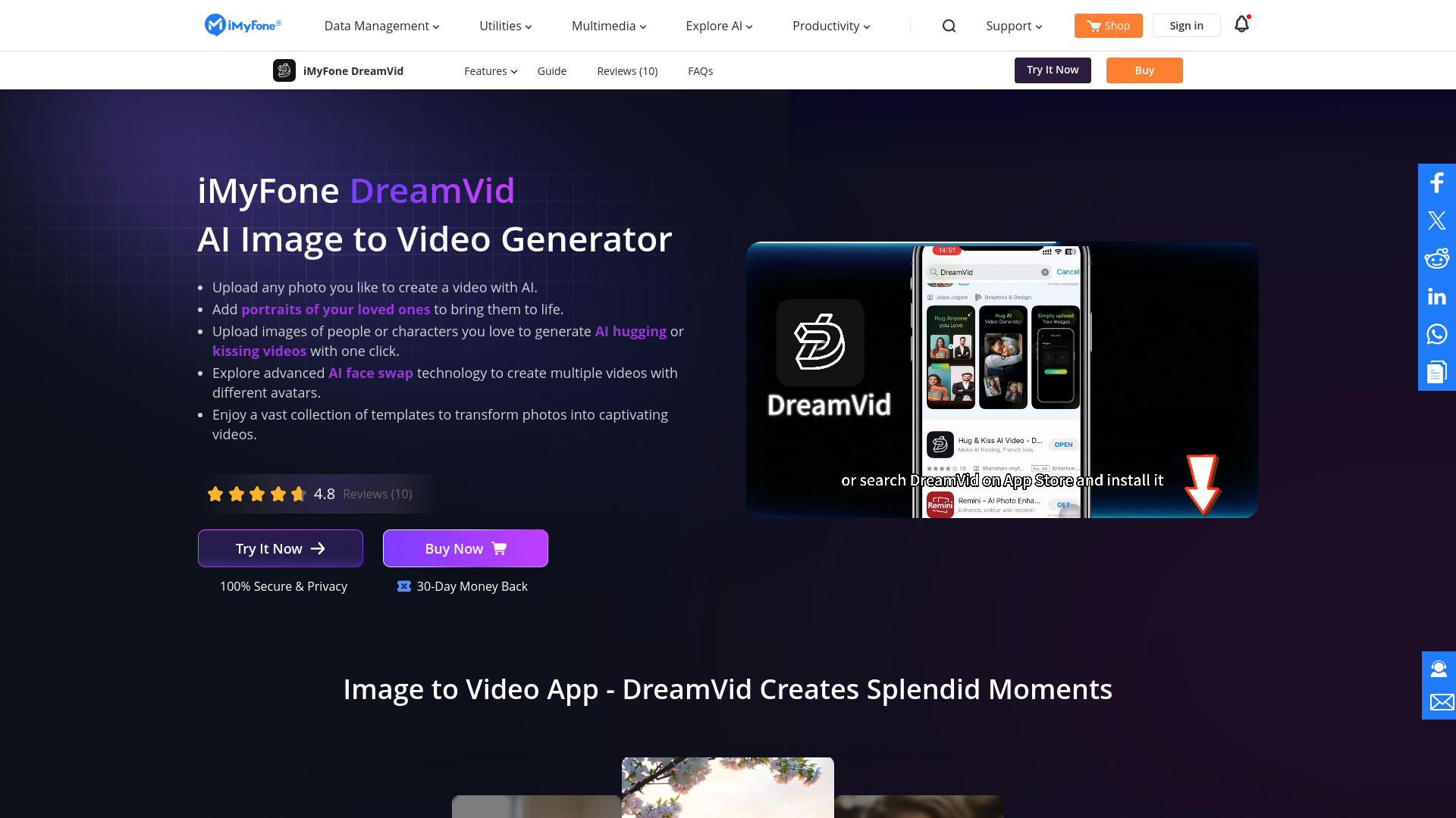 DreamVid dashboard interface showing AI video creation tools, templates, and editing features