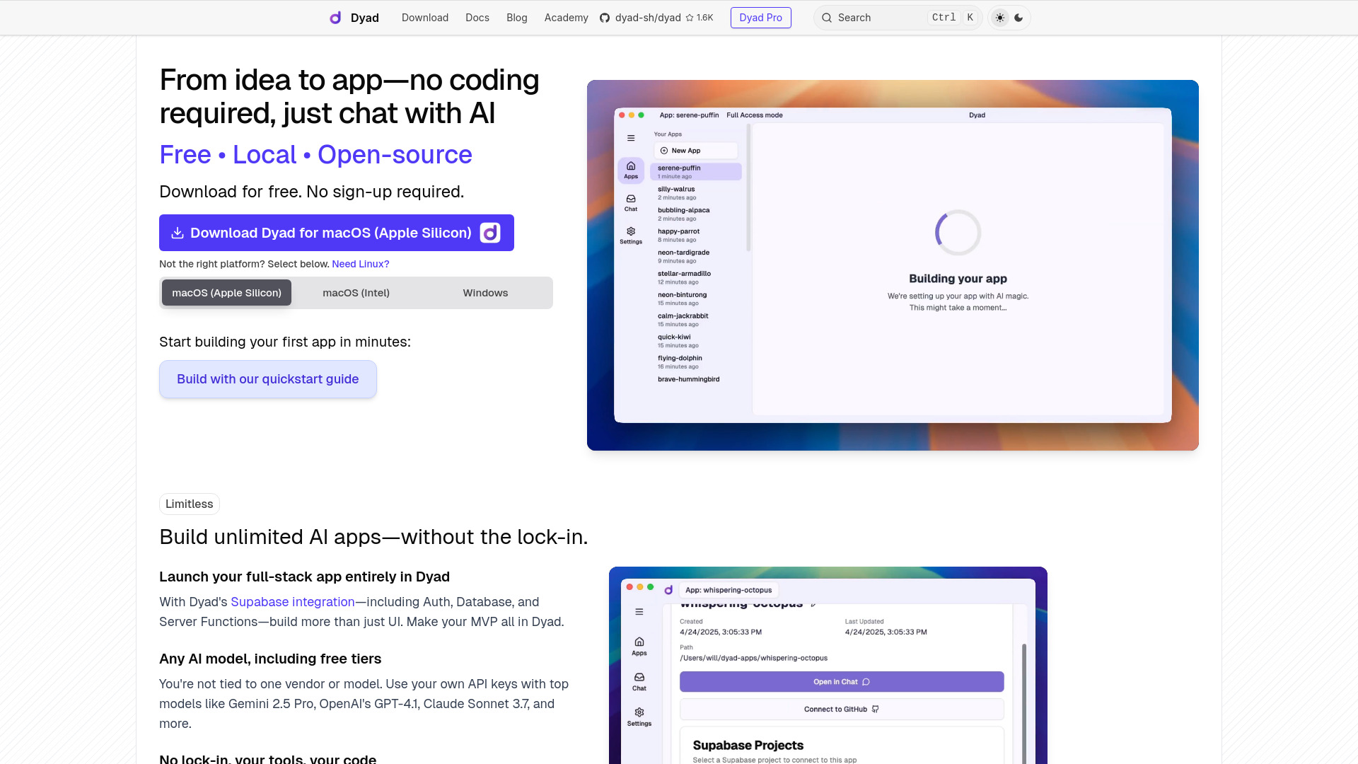 Dyad dashboard interface showing AI video creation tools, templates, and editing features