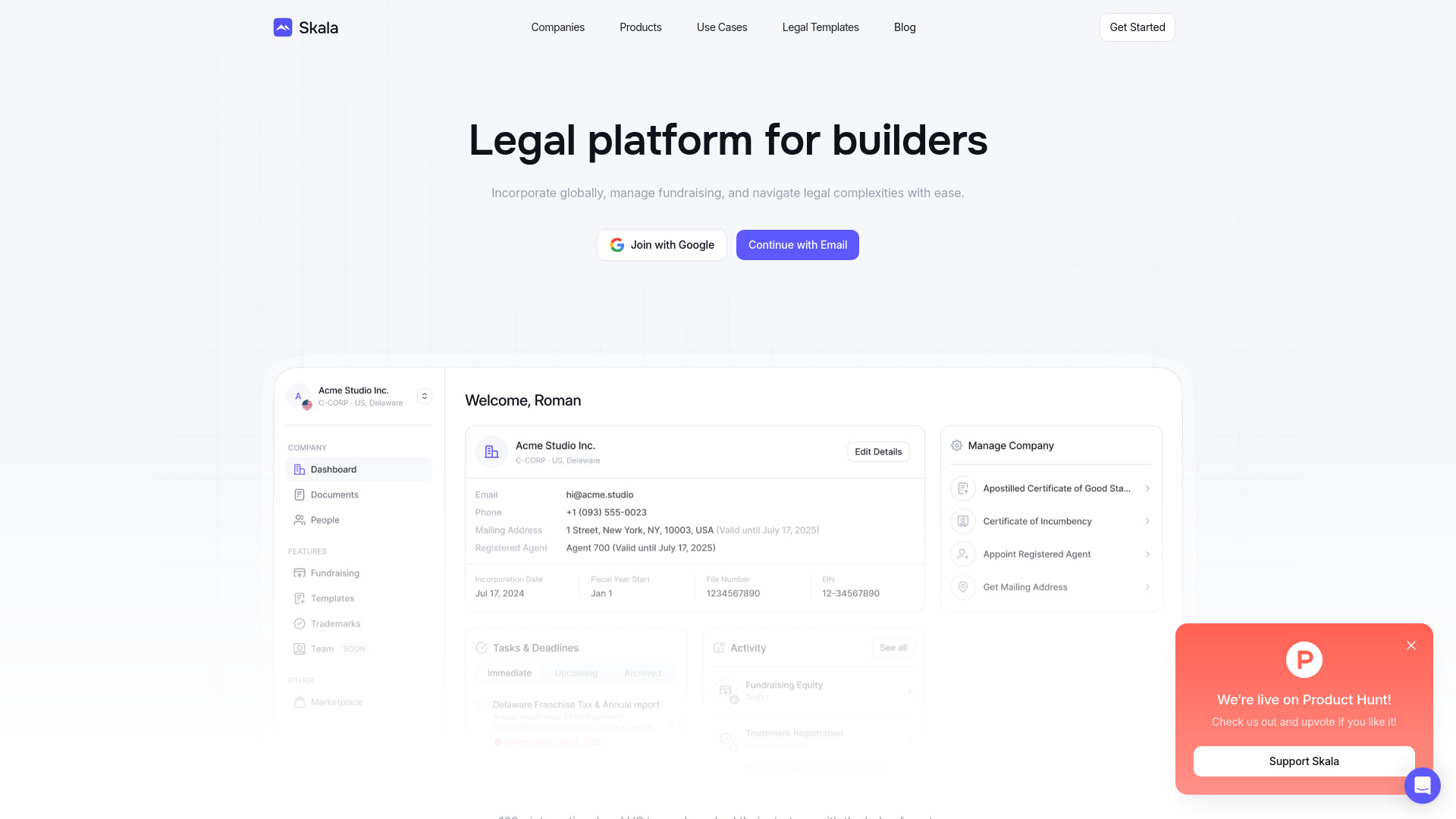 Skala dashboard interface showing AI video creation tools, templates, and editing features