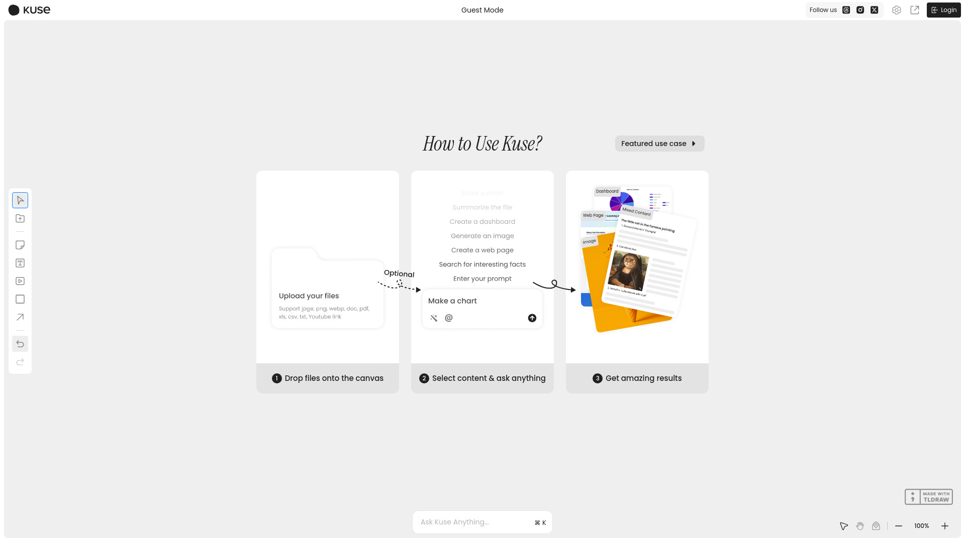 Kuse dashboard interface showing AI video creation tools, templates, and editing features