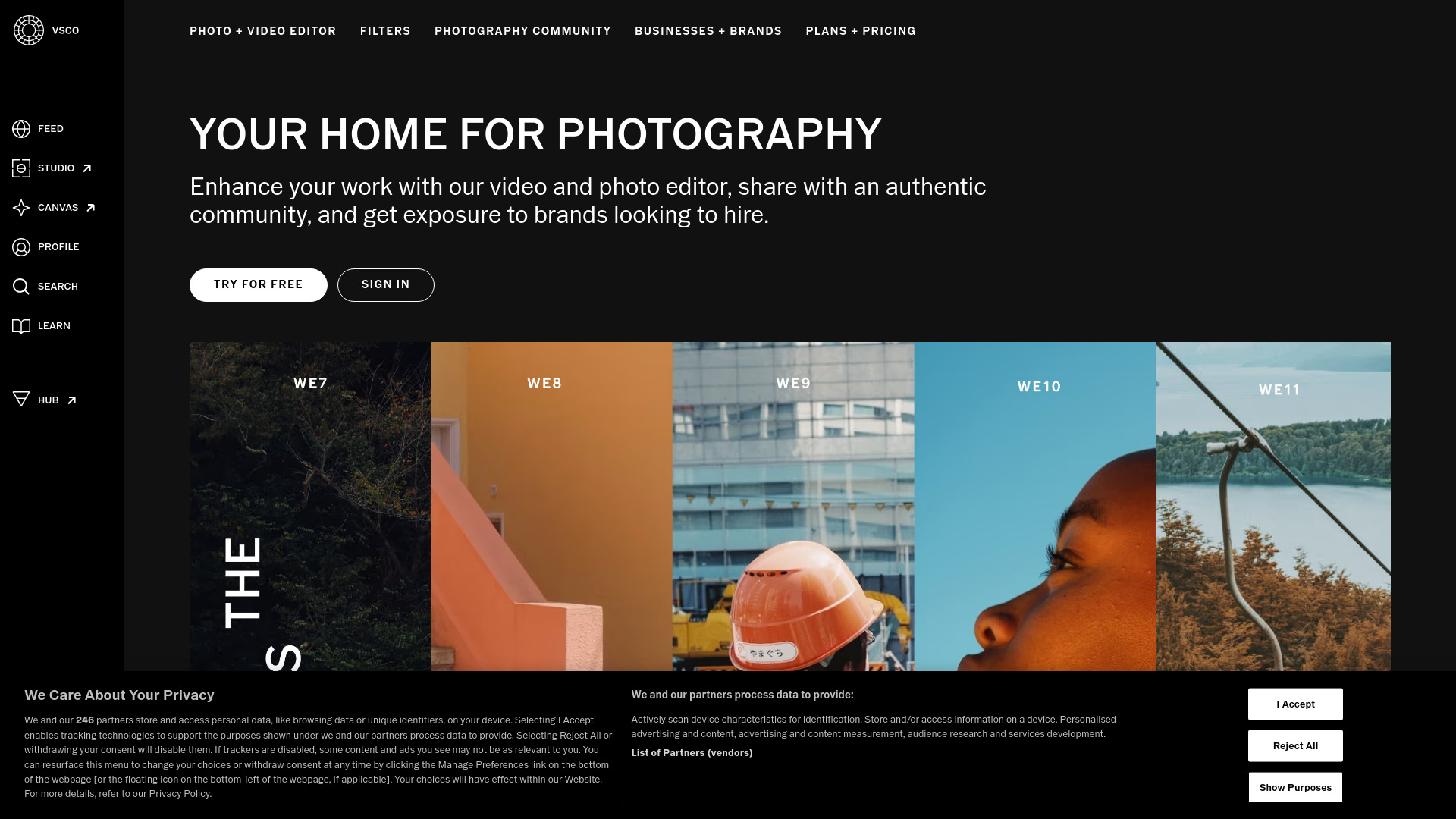 VSCO dashboard interface showing AI video creation tools, templates, and editing features