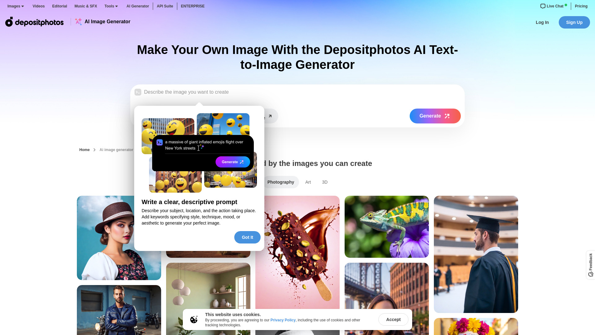 Depositphotos AI image generator dashboard interface showing AI video creation tools, templates, and editing features