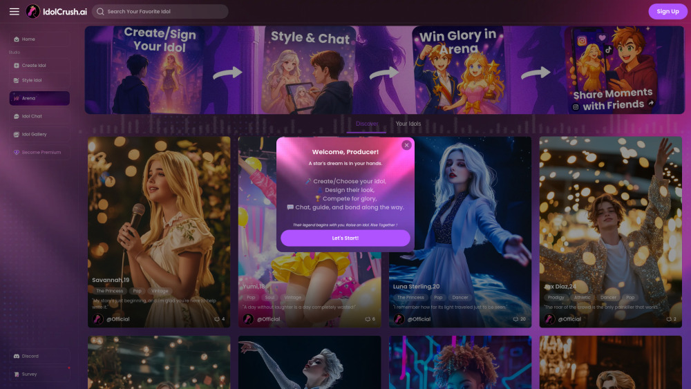 IdolCrush.ai - 당신이 직접 프로듀서가 되어 꿈의 AI 아이돌을 탄생시키세요!