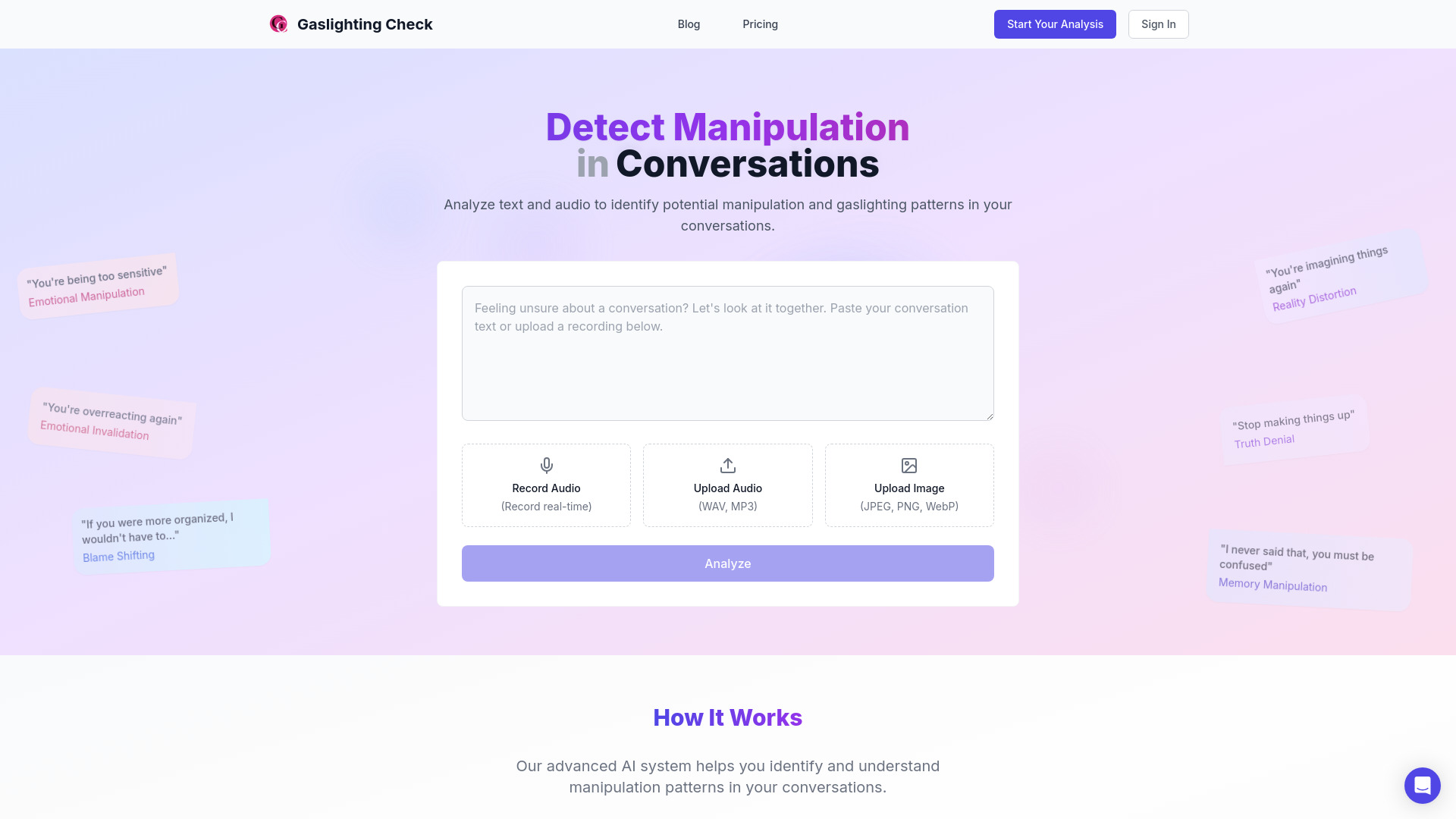 Gaslighting Check dashboard interface showing AI video creation tools, templates, and editing features