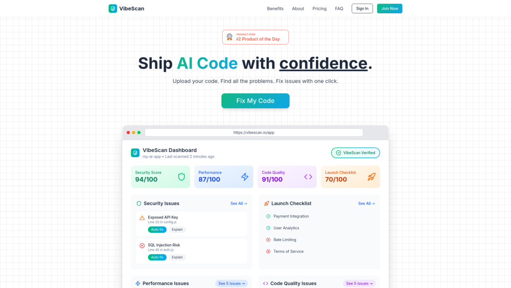 VibeScan - AI 코드, 이제 자신 있게 배포하세요: 자동 스캔부터 원클릭 수정까지