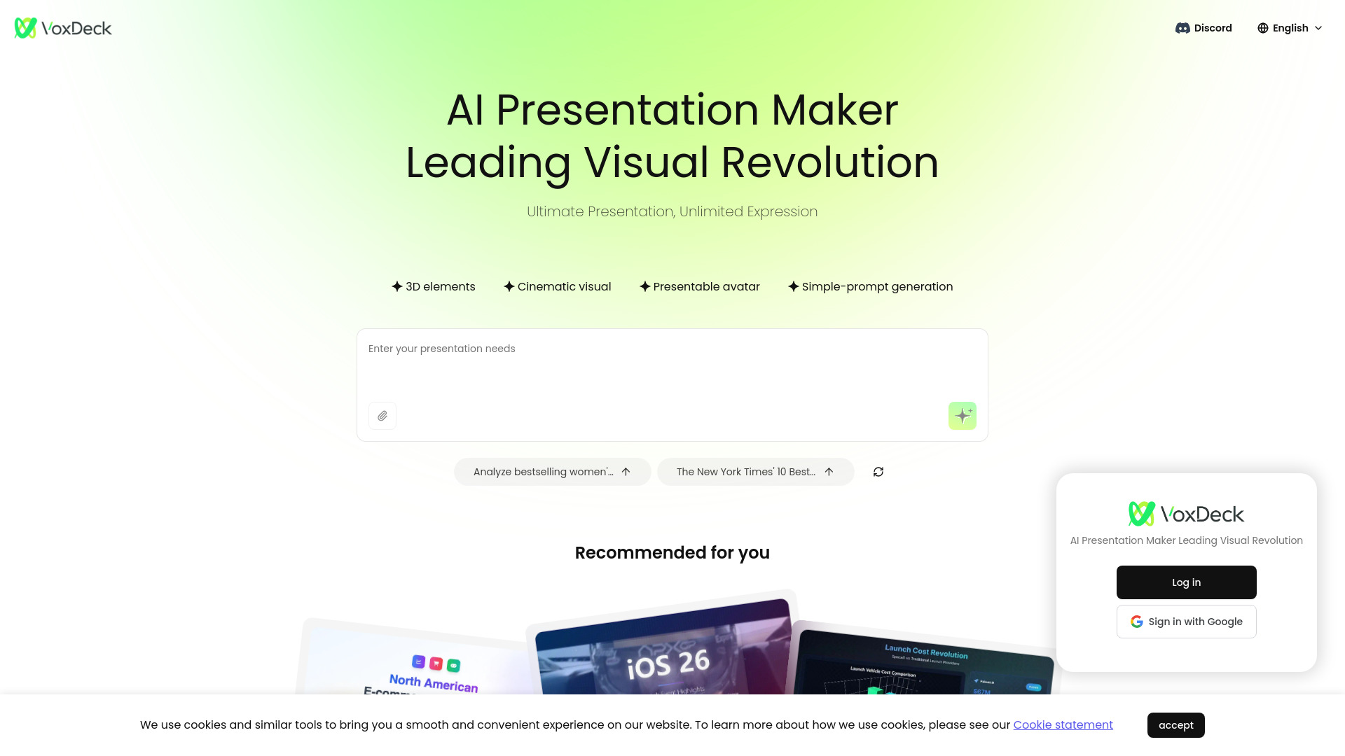 VoxDeck dashboard interface showing AI video creation tools, templates, and editing features