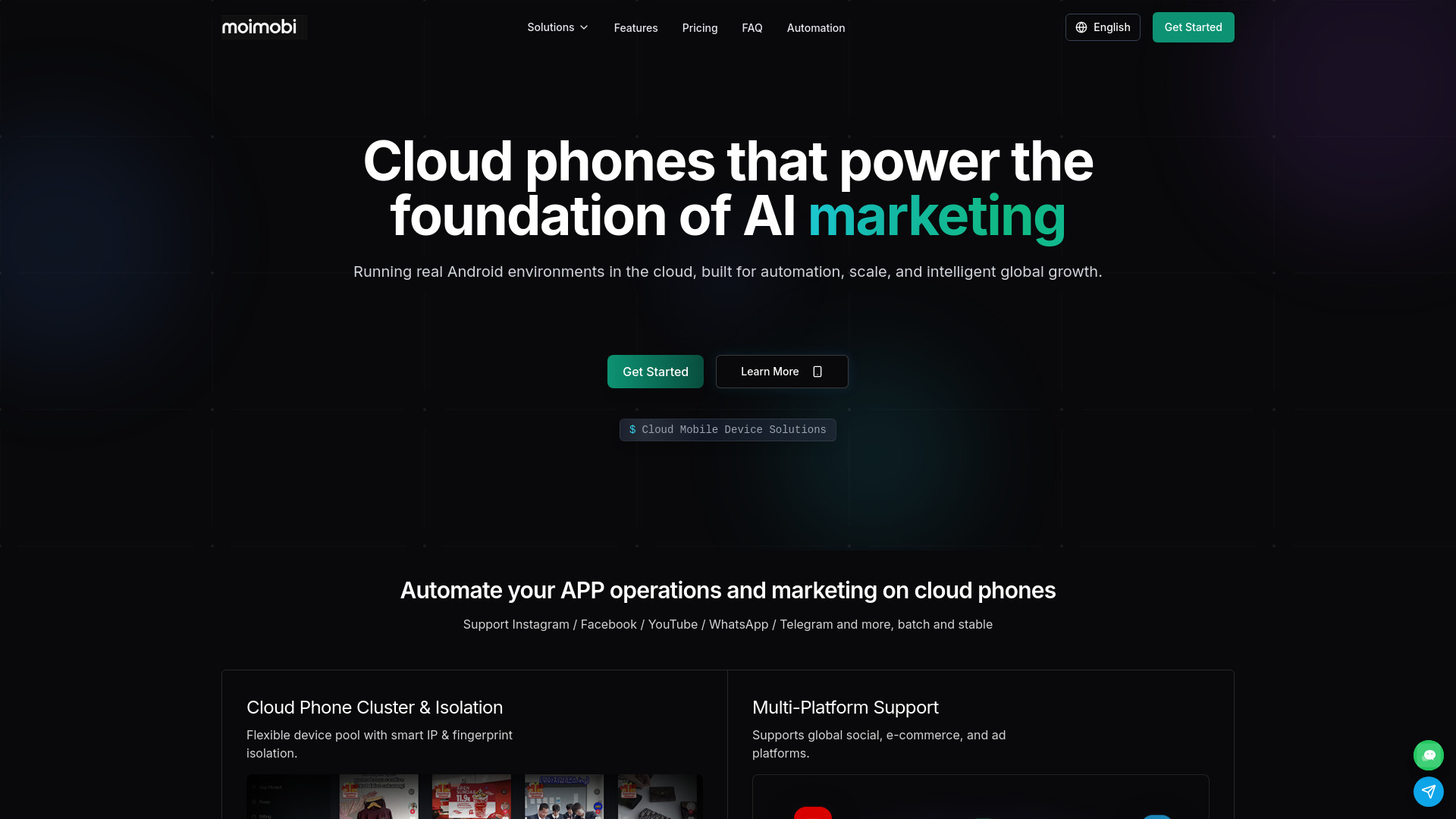 Moimobi dashboard interface showing AI video creation tools, templates, and editing features