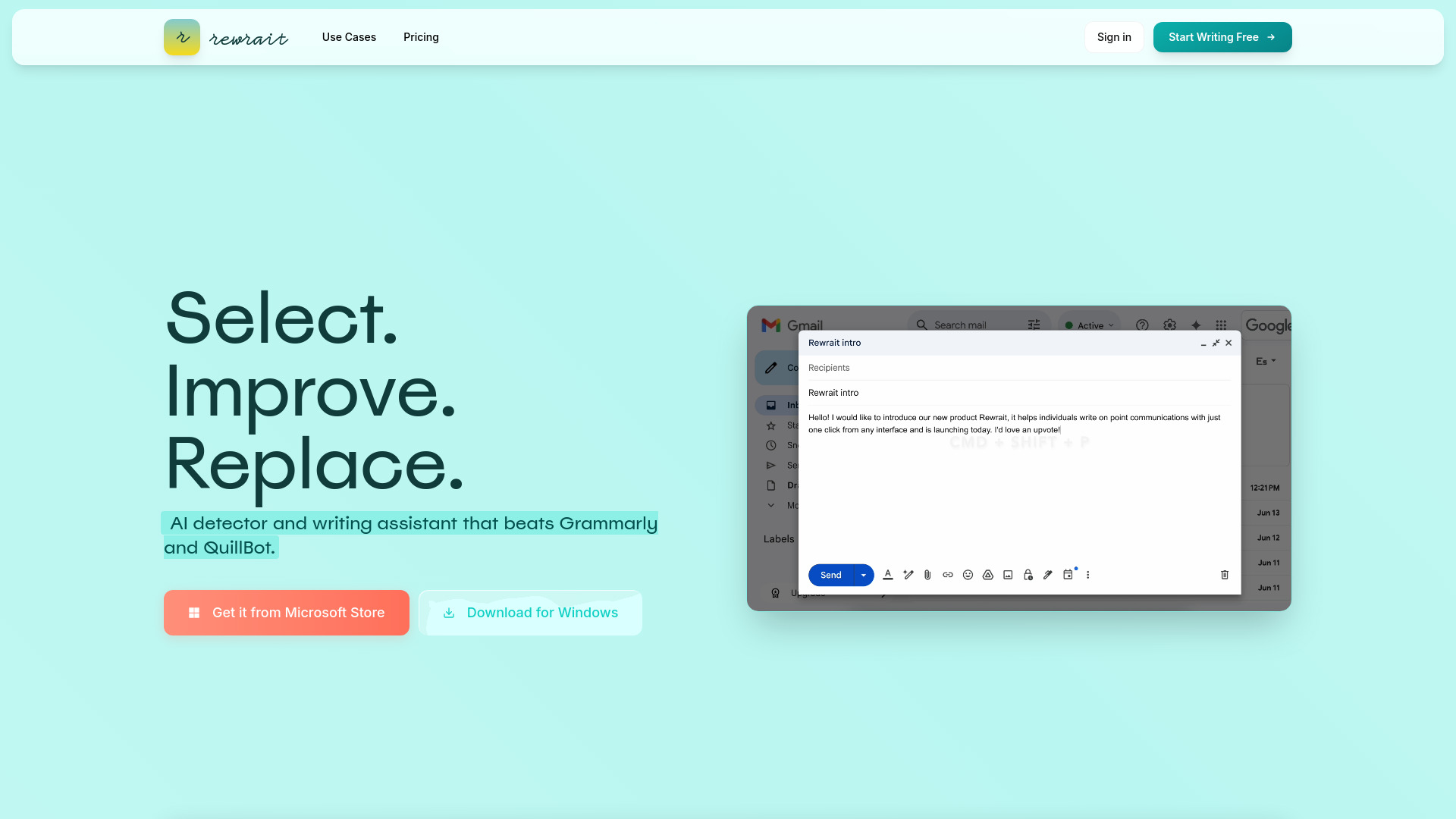 Rewrait dashboard interface showing AI video creation tools, templates, and editing features