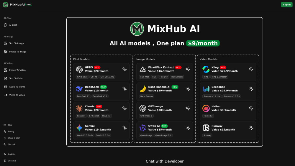 MixHub AI - 챗봇, 이미지, 비디오 생성을 한 곳에서 무료로 해결하는 올인원 AI 플랫폼