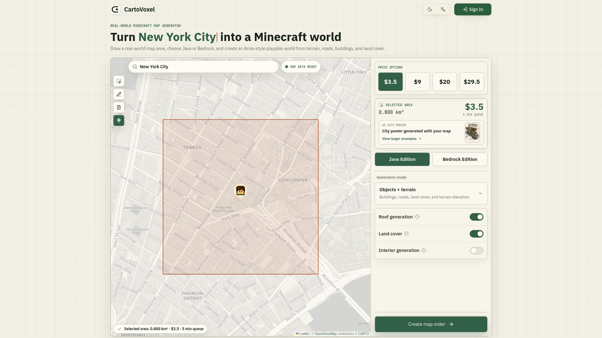 CartoVoxel – Real-World Minecraft Map Generator