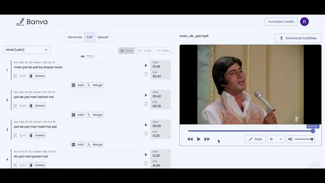Banva: Generating Hindi subtitles in Latin Script (Transliteration) Example