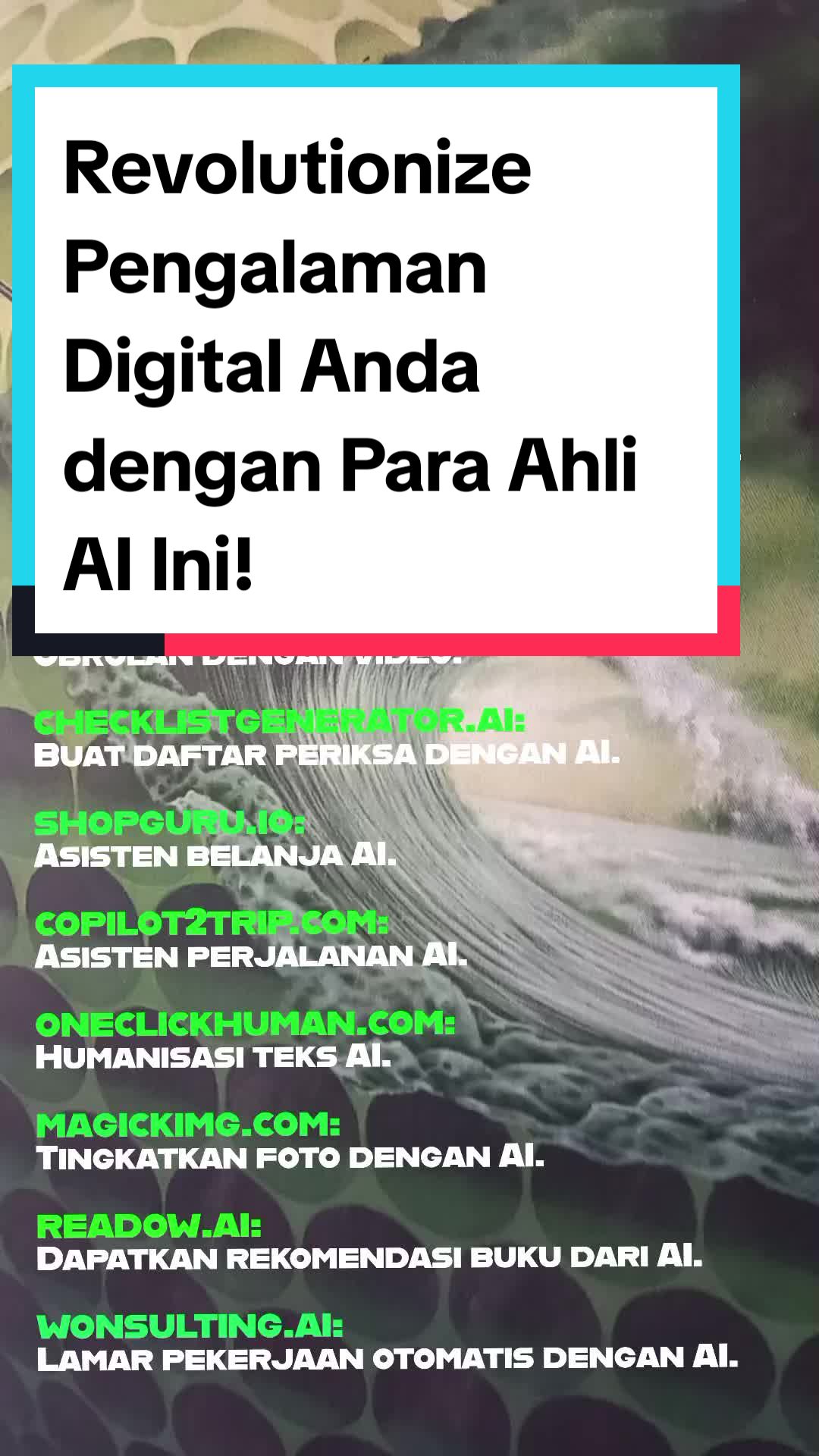 Temukan masa depan pengeditan gambar dengan ideogram.ai! 📸✨ Tambahkan teks ke foto Anda dengan mudah hanya dalam beberapa ketukan. Selamat tinggal gambar membosankan! 🔠🖼️ 🤣 Wujudkan permainan media sosial Anda dengan memedaddy.ai! 🤩 Buat meme lucu menggunakan keajaiban AI. Tertawa di dunia digital! 😂🤳 🗣️ Komunikasikan diri Anda seperti belum pernah sebelumnya dengan videosage.ai! 🎥✨ Berbicaralah dengan video dan biarkan konten Anda hidup. Revolusionerkan cerita Anda! 📢📽️ ✅ Butuh bantuan? Coba checklistgenerator.ai! 📝✨ Buat daftar periksa dengan mudah dengan bantuan AI. Tetap teratur seperti seorang profesional! ✔️📋 🛍️ Belanja menjadi lebih cerdas dengan shopguru.io! 🛒🤖 Biarkan AI menjadi teman belanja Anda. Sambut belanja tanpa stres! 🎁💳 ✈️ Jelajahi dunia dengan copilot2trip.com! 🌍🤖 Asisten perjalanan AI Anda hadir untuk membuat perjalanan Anda tak terlupakan. Bersiaplah untuk petualangan! 🌴✈️ 📜 Ubah teks menjadi konten mirip manusia dengan oneclickhuman.com! 🤯✨ AI bisa membuat kata-kata Anda menjadi hidup. Bersiaplah untuk terkesima! 📝🧑💼 📸 Tingkatkan foto Anda dengan magickimg.com! 📷✨ Tingkatkan gambar Anda menggunakan kekuatan AI. Kenangan Anda layak mendapatkan yang terbaik! 🌟🖼️ 📚 Jelajahi dunia literatur dengan readow.ai! 📖🤖 Biarkan AI merekomendasikan buku favorit Anda berikutnya. Lepaskan kutu buku dalam diri Anda! 📚🐛 Tingkatkan pencarian kerja Anda dengan wonsulting.ai! 💼🤖 Auto-apply untuk pekerjaan dan gencarkan karier Anda. Masa depan pencarian kerja ada di sini! 💪📈 Jangan lewatkan alat AI luar biasa ini! Alat mana yang akan Anda coba pertama kali? Beri tahu kami di komentar! 👇 #AlatAI #aitools #teknologiai